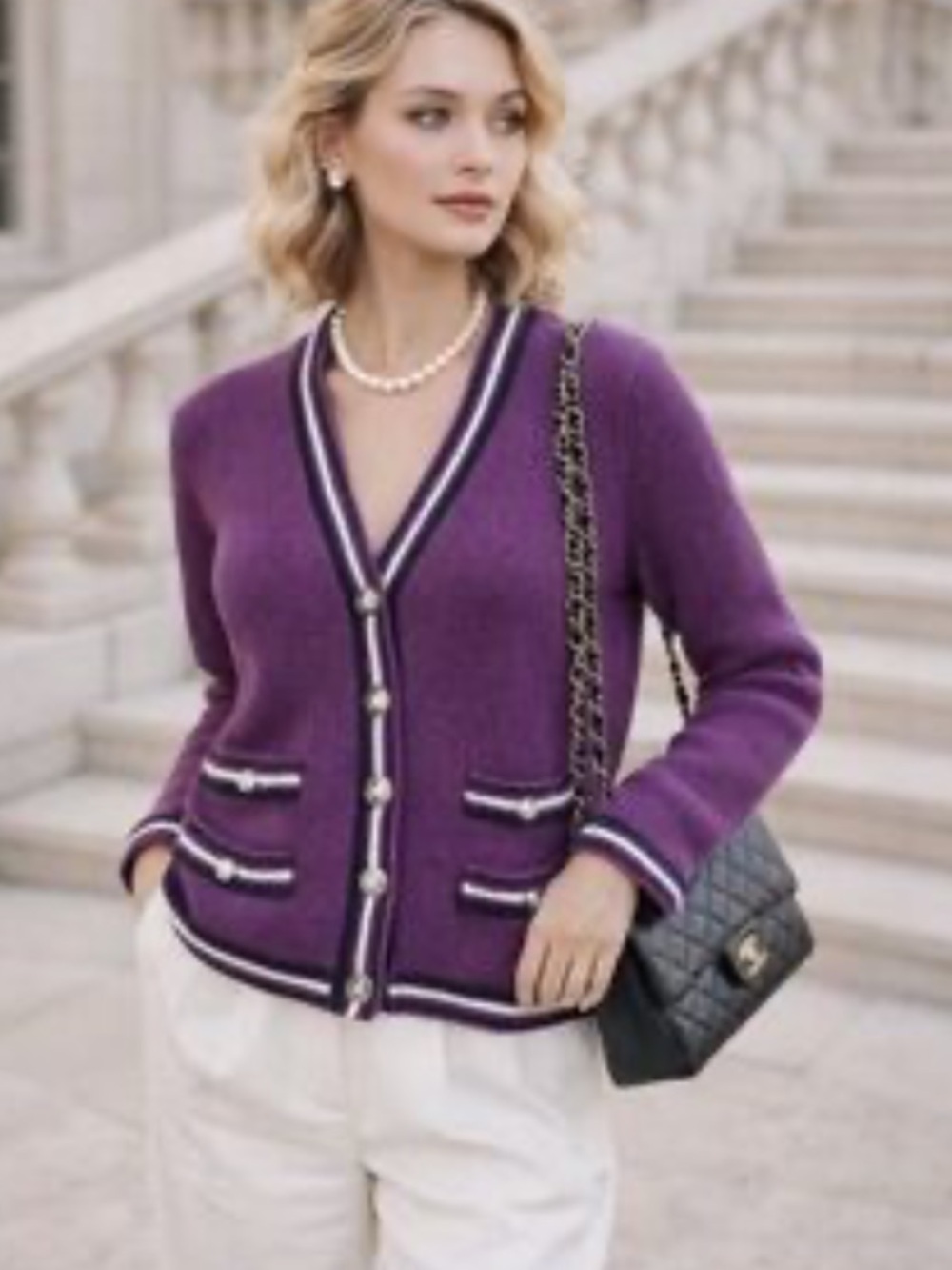 Talbots Purple V-Neck Trimmed Button Cardigan